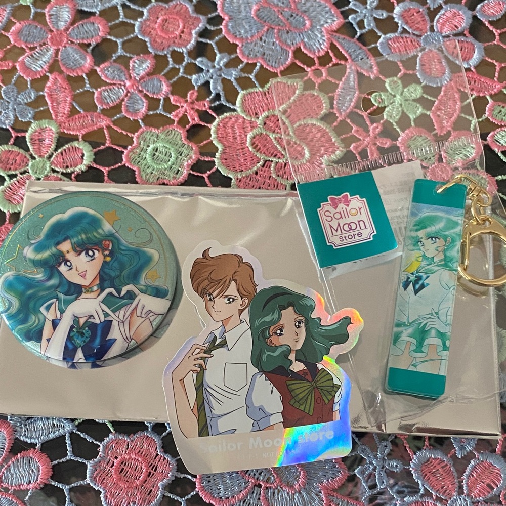 Sailor Neptune badge pin and sticker abd keychain bundle
